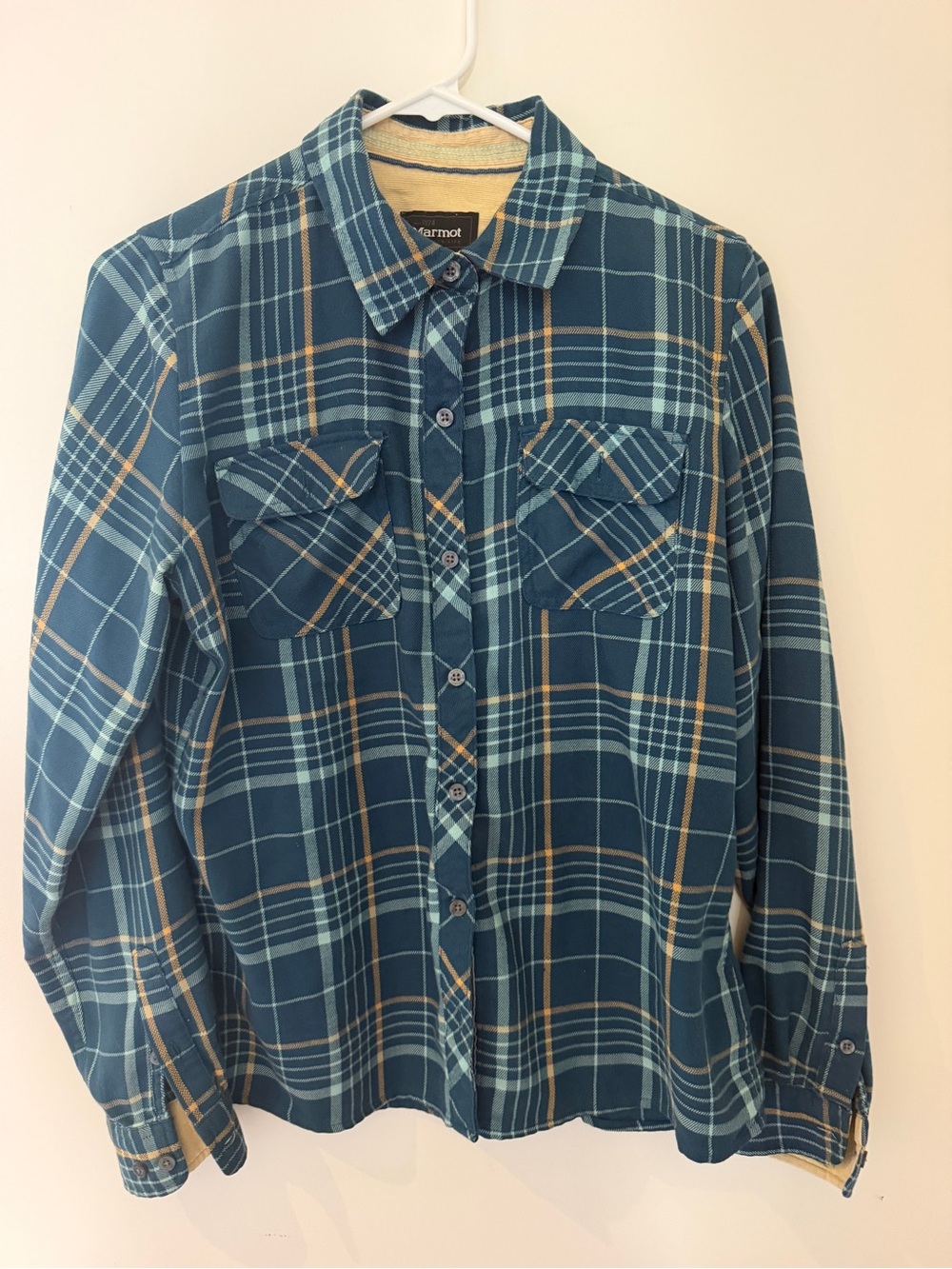 Marmot Teal and Light Blue Plaid Shirt with Tan Accents